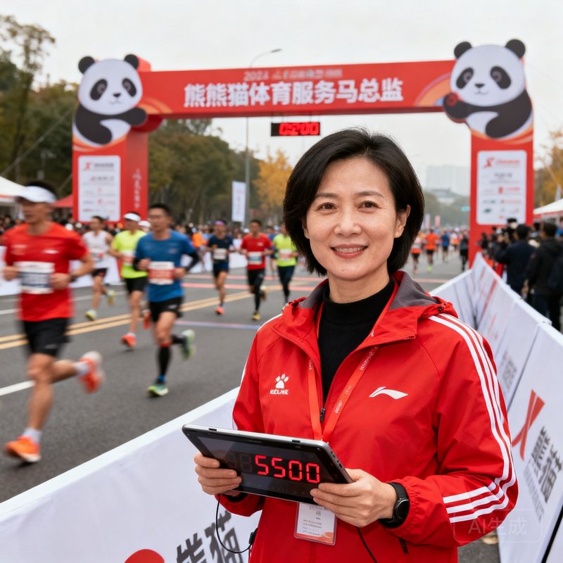 熊猫体育赛事服务总监林晓芳，35岁女性，穿红色运动外套，站在马拉松赛道旁手持计时平板，背景是奔跑的参赛选手和终点拱门