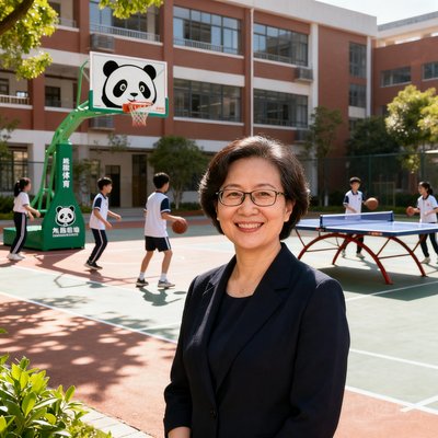 一位戴眼镜的中年女校长在校园操场上微笑，身后是学生们正在使用熊猫体育提供的篮球架和乒乓球台进行课间活动