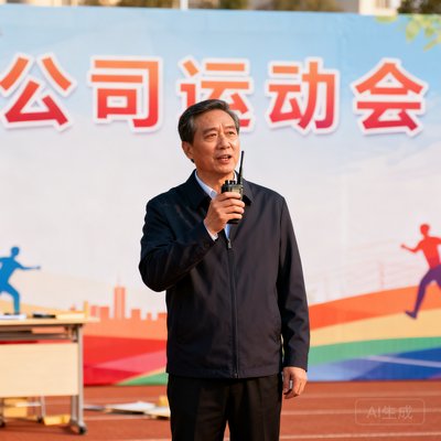 一位穿深色商务休闲装的中年男性企业工会主席，站在公司运动会背景板前手持对讲机指挥现场布置